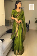 Green Pure Linen Silk Saree with Jacquard Weaving & Zari Border