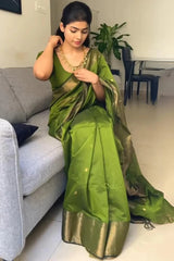Green Pure Linen Silk Saree with Jacquard Weaving & Zari Border