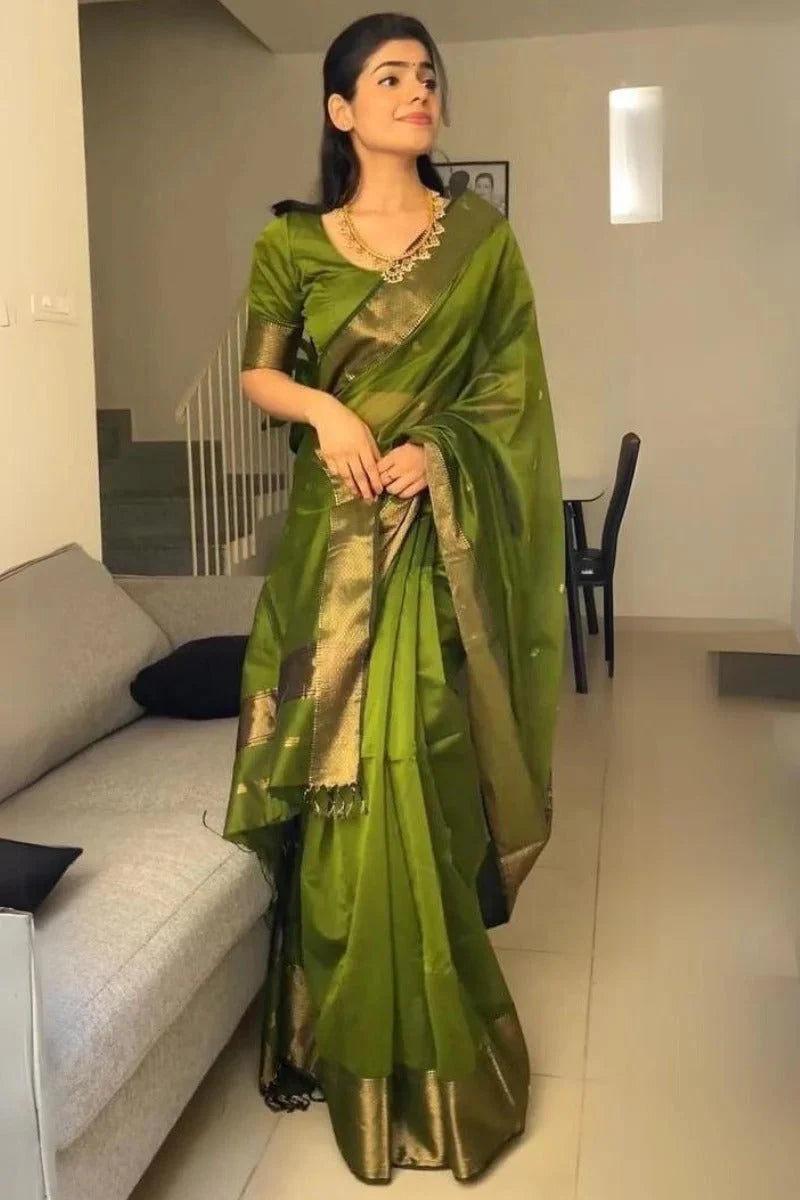 Green Pure Linen Silk Saree with Jacquard Weaving & Zari Border
