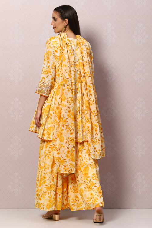 Woven Cotton A-Line Kurta Garara Set with Dupatta