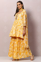 Woven Cotton A-Line Kurta Garara Set with Dupatta