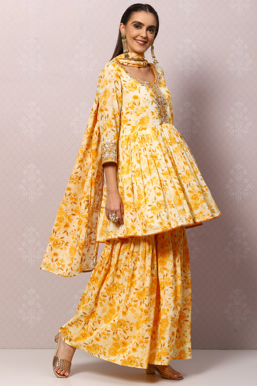 Woven Cotton A-Line Kurta Garara Set with Dupatta