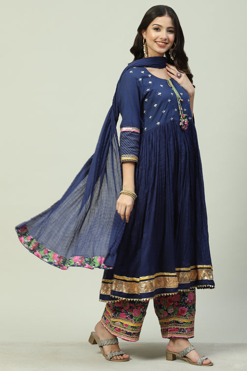 Cotton Anarkali Kurta Palazzo Suit Set with Dupatta