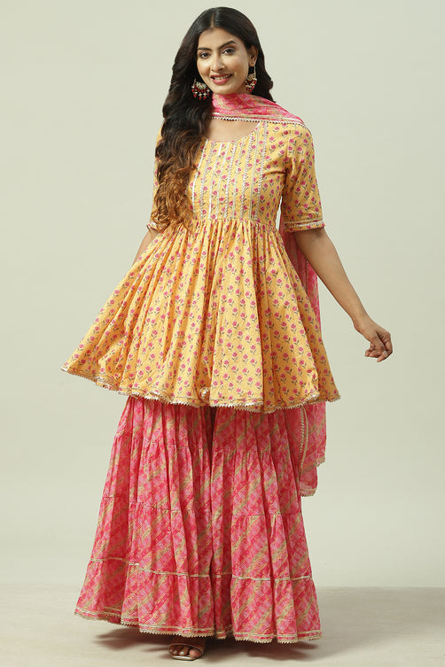 Woven Cotton Anarkali Kurta Garara Set with Dupatta