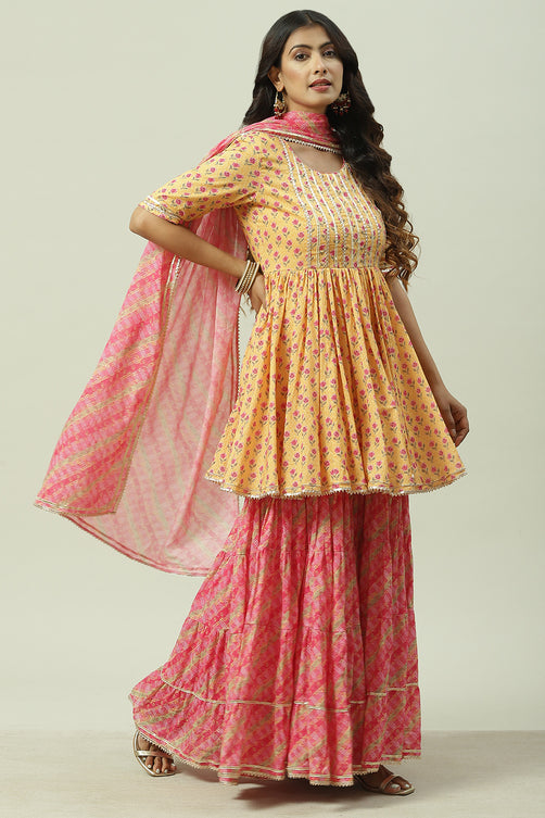 Woven Cotton Anarkali Kurta Garara Set with Dupatta