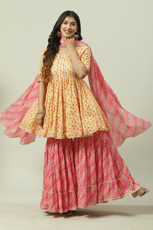 Woven Cotton Anarkali Kurta Garara Set with Dupatta