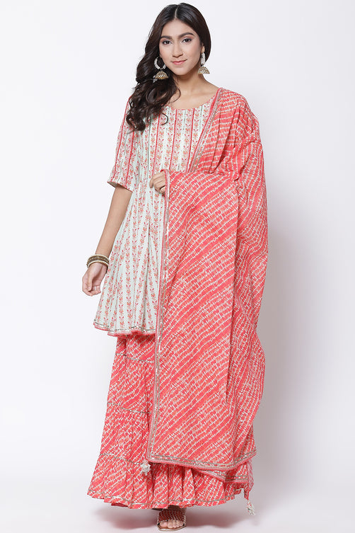 Woven Cotton A-Line Kurta Garara Set with Dupatta