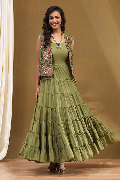Embroidered Georgette Sleeveless Anarkali Dress