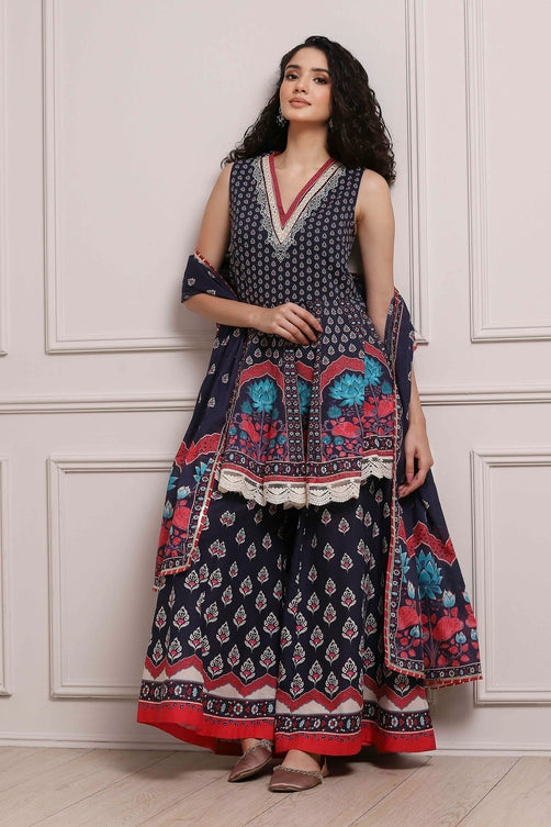Printed Cotton Sleeveless Suit Set with Dupatta