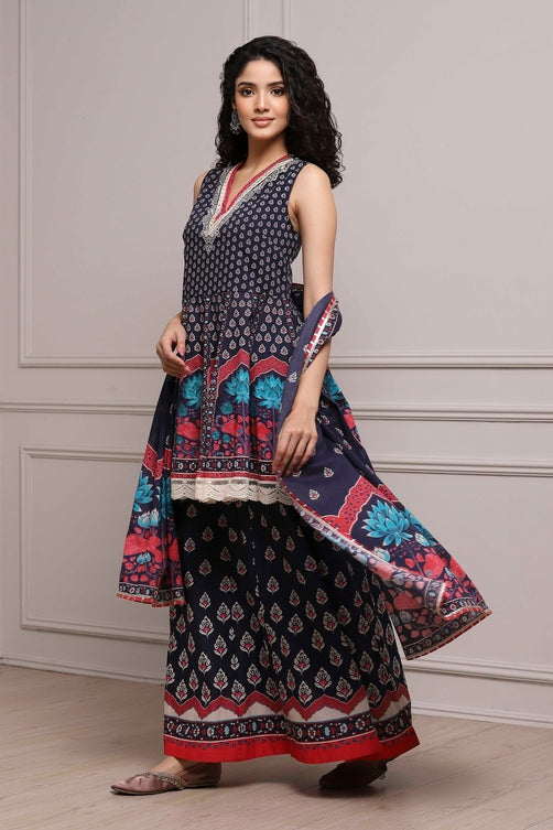 Printed Cotton Sleeveless Suit Set with Dupatta