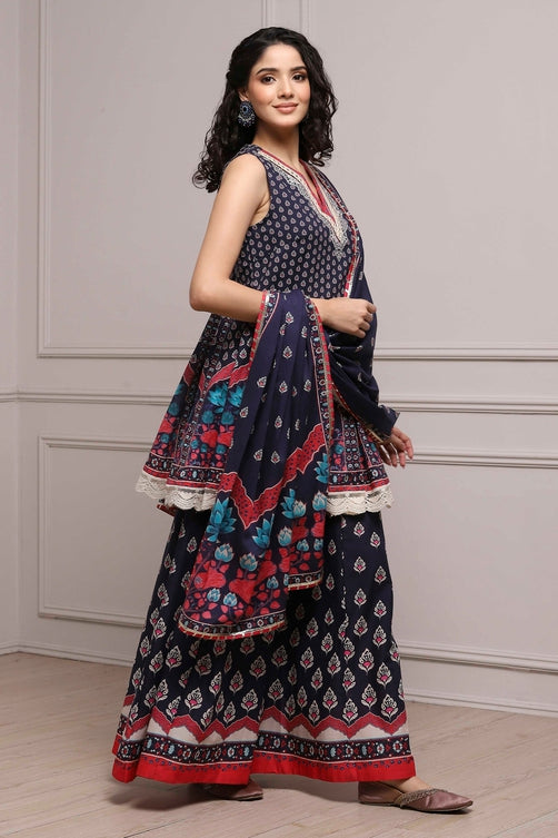 Printed Cotton Sleeveless Suit Set with Dupatta