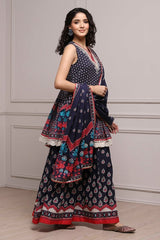 Printed Cotton Sleeveless Suit Set with Dupatta