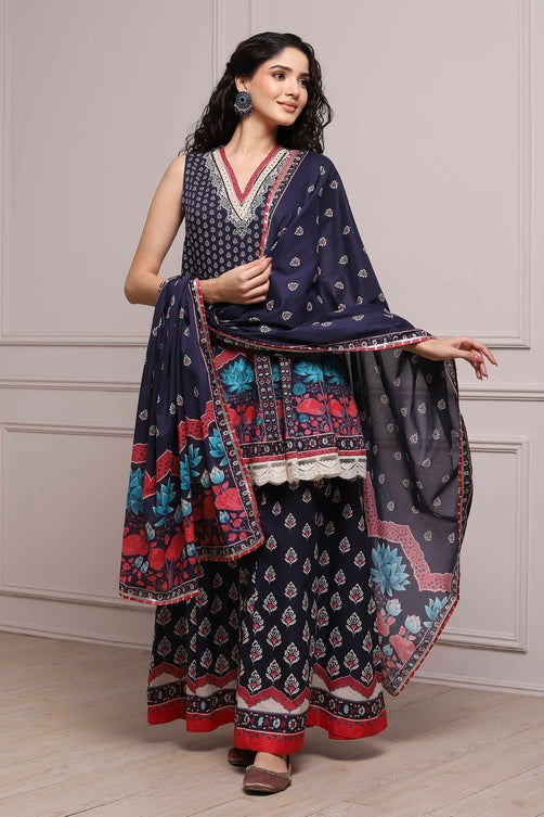 Printed Cotton Sleeveless Suit Set with Dupatta