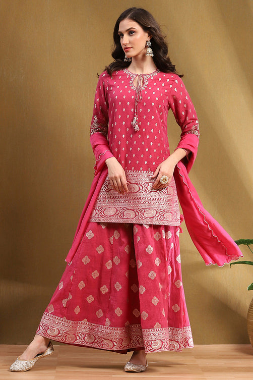Pink Yarn Dyed Straight Kurta Set with Dupatta