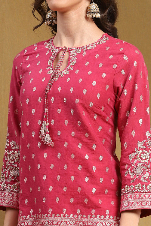 Pink Yarn Dyed Straight Kurta Set with Dupatta