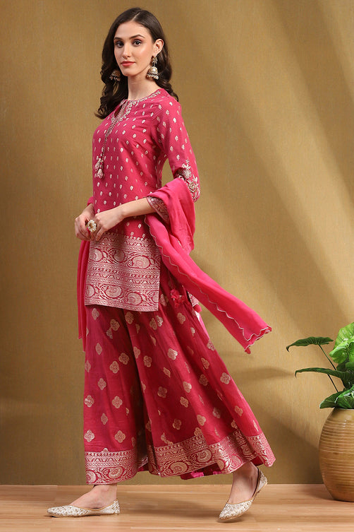 Pink Yarn Dyed Straight Kurta Set with Dupatta