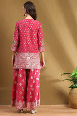 Pink Yarn Dyed Straight Kurta Set with Dupatta
