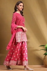Pink Yarn Dyed Straight Kurta Set with Dupatta