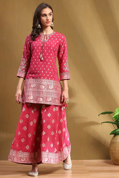 Pink Yarn Dyed Straight Kurta Set with Dupatta