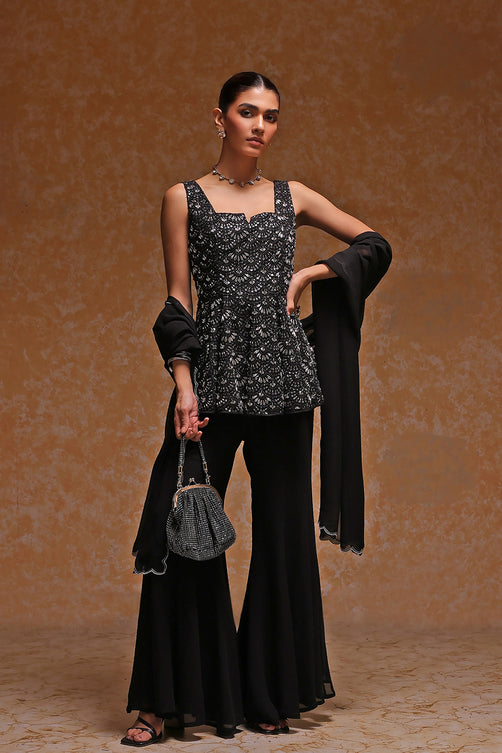 Heavy Beaded Embroidery Poly Mesh Sleeveless Suit Set with Dupatta