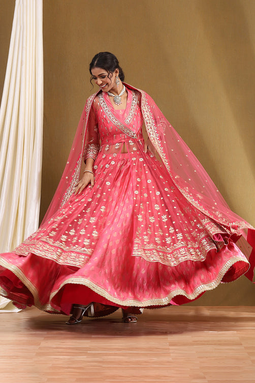 Embroidered Net Anarkali Kurta Lehenga Set with Butterfly Net Dupatta
