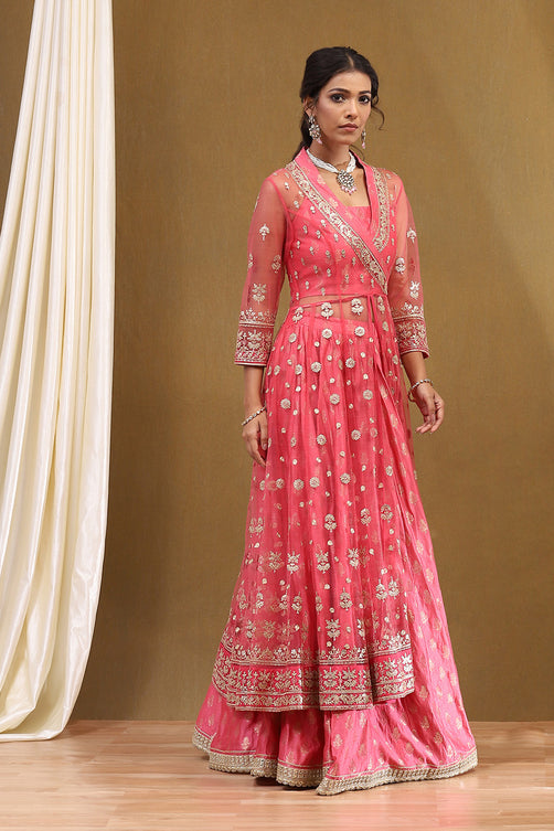 Embroidered Net Anarkali Kurta Lehenga Set with Butterfly Net Dupatta