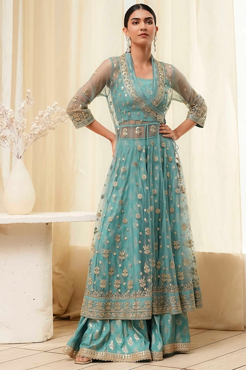 Embroidered Net Anarkali Kurta Lehenga Set with Butterfly Net Dupatta