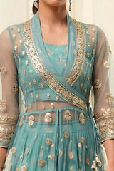 Embroidered Net Anarkali Kurta Lehenga Set with Butterfly Net Dupatta