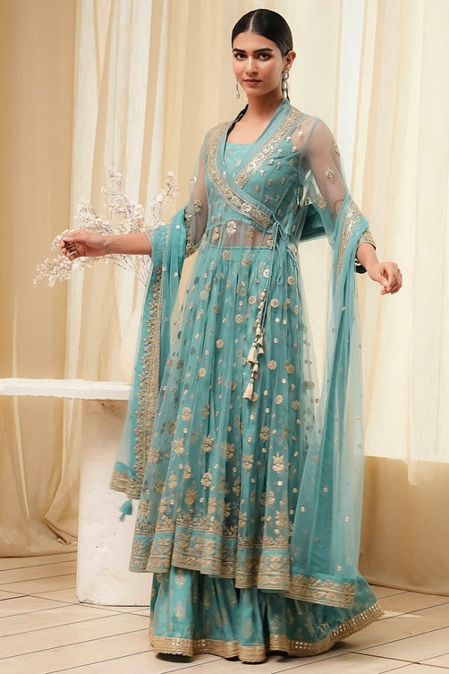 Embroidered Net Anarkali Kurta Lehenga Set with Butterfly Net Dupatta