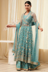Embroidered Net Anarkali Kurta Lehenga Set with Butterfly Net Dupatta