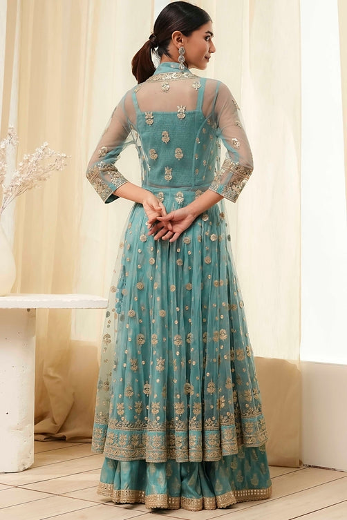 Embroidered Net Anarkali Kurta Lehenga Set with Butterfly Net Dupatta