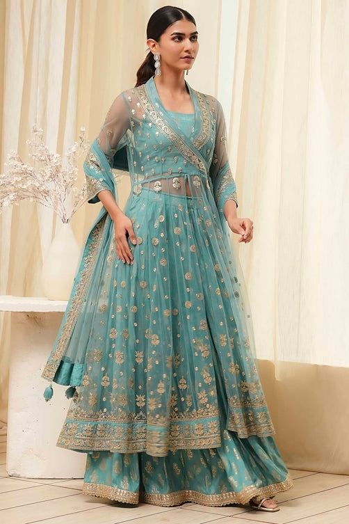 Embroidered Net Anarkali Kurta Lehenga Set with Butterfly Net Dupatta