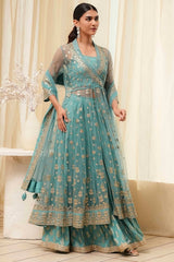 Embroidered Net Anarkali Kurta Lehenga Set with Butterfly Net Dupatta