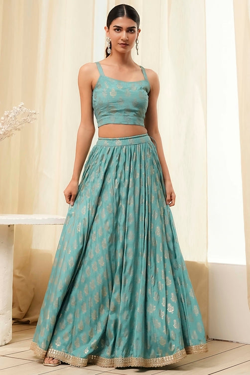 Embroidered Net Anarkali Kurta Lehenga Set with Butterfly Net Dupatta