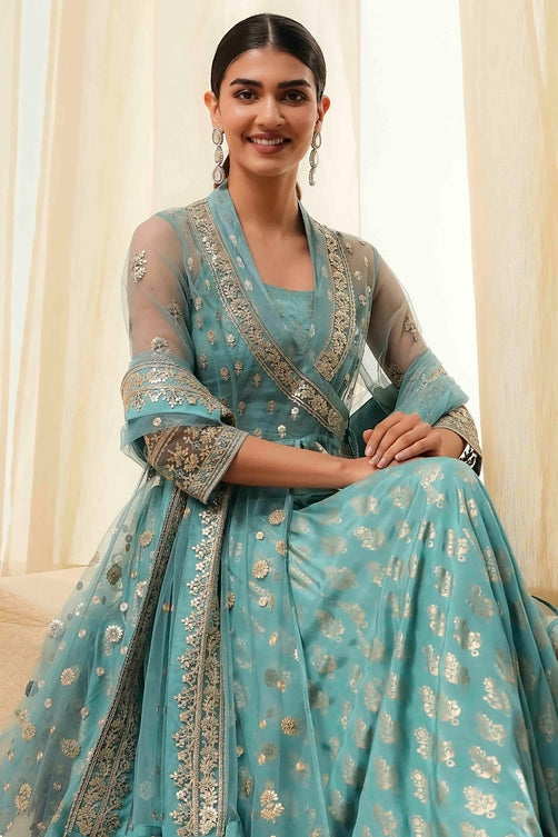 Embroidered Net Anarkali Kurta Lehenga Set with Butterfly Net Dupatta