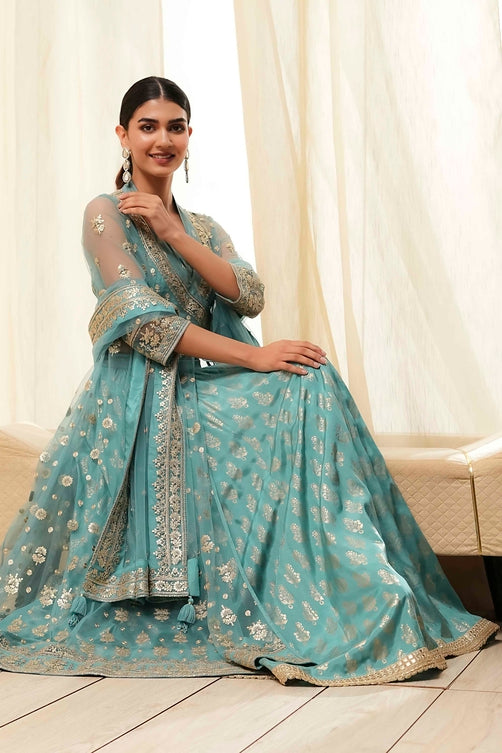 Embroidered Net Anarkali Kurta Lehenga Set with Butterfly Net Dupatta