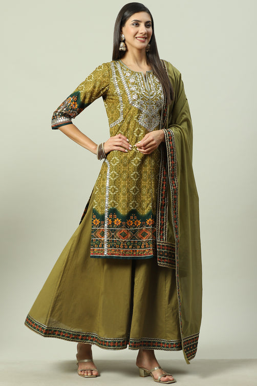 Woven Cotton Straight Kurta Sharara Set with Dupatta