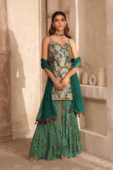 Printed Viscose Chinon Sleeveless Suit Set with Mesh Dupatta