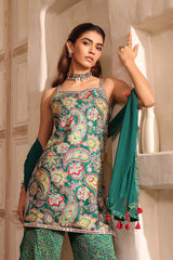 Printed Viscose Chinon Sleeveless Suit Set with Mesh Dupatta