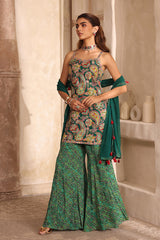 Printed Viscose Chinon Sleeveless Suit Set with Mesh Dupatta