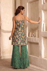 Printed Viscose Chinon Sleeveless Suit Set with Mesh Dupatta