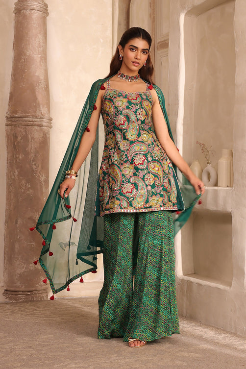 Printed Viscose Chinon Sleeveless Suit Set with Mesh Dupatta