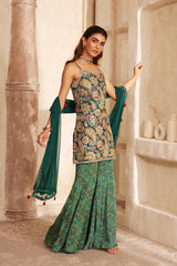 Printed Viscose Chinon Sleeveless Suit Set with Mesh Dupatta
