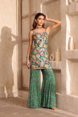 Printed Viscose Chinon Sleeveless Suit Set with Mesh Dupatta