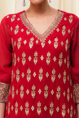Embroidered Polyester Straight Kurta Set with V-Neck and Dupatta