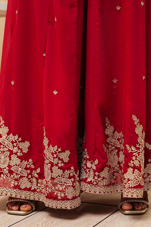 Embroidered Polyester Straight Kurta Set with V-Neck and Dupatta