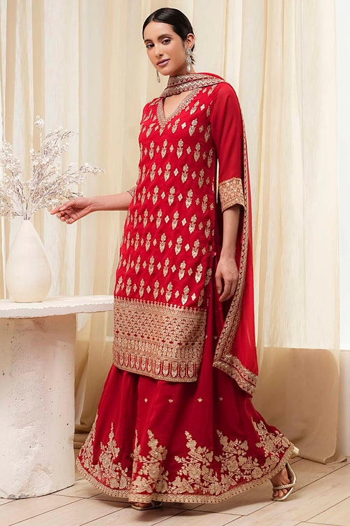 Embroidered Polyester Straight Kurta Set with V-Neck and Dupatta
