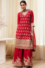 Embroidered Polyester Straight Kurta Set with V-Neck and Dupatta