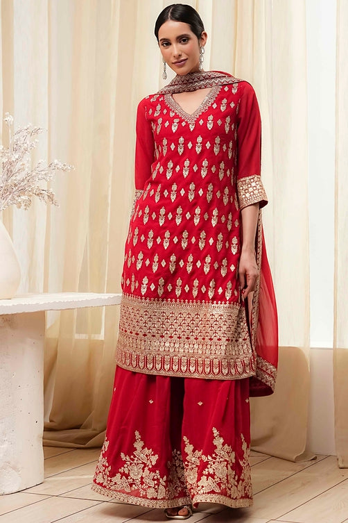 Embroidered Polyester Straight Kurta Set with V-Neck and Dupatta