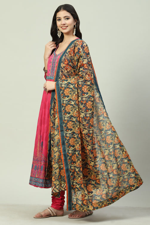 Fuschia Cotton Anarkali Kurta Churidar Suit Set